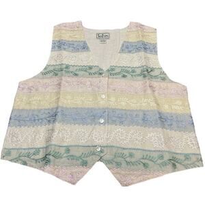 Vtg 90s Tantrums Embroidered Stripe Buttoned Vest Sz L Pastel Cottage Twee Retro